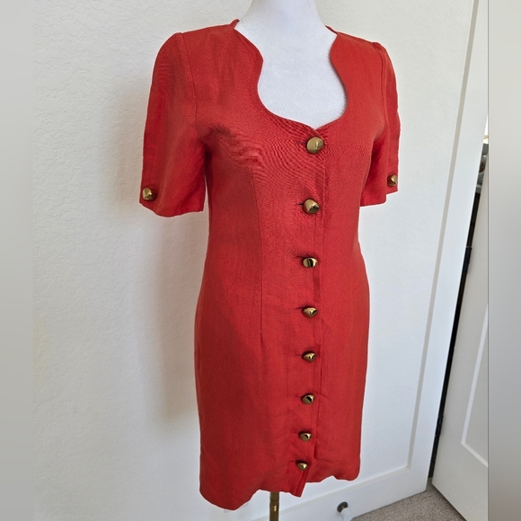 Vintage Adele Simpson Orange Linen Dress | Gold Button Sheath - Picture 4 of 11